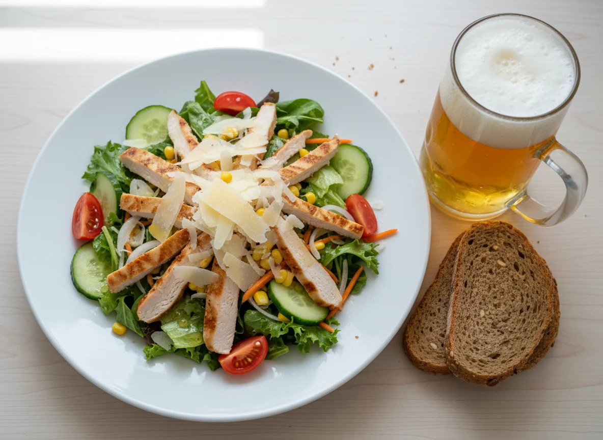 Hähnchensalat mit Brot und Bier photo