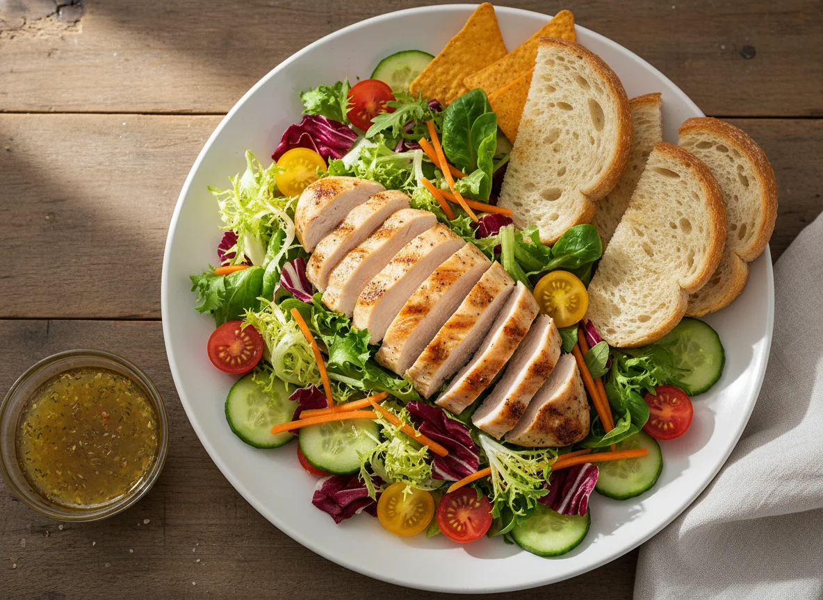 Hähnchensalat mit Brot und Dressing photo