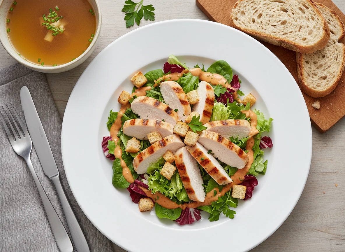 Hähnchensalat mit Brot und Suppe photo