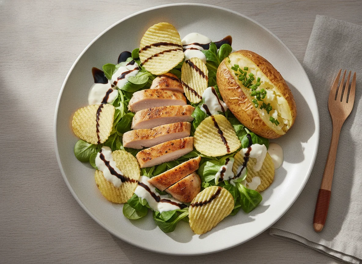 Hähnchensalat mit Chips und Kartoffel photo
