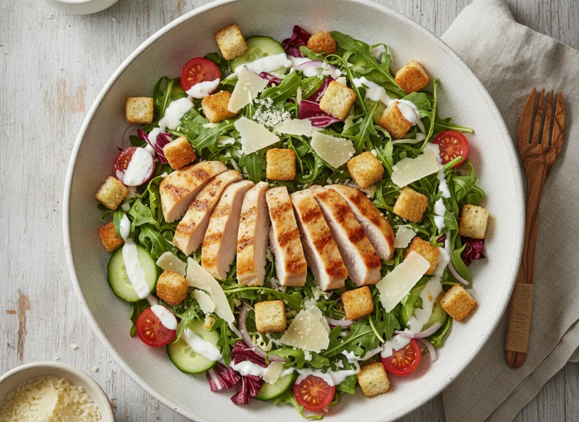 Hähnchen-Salat mit Croutons und Dressing photo