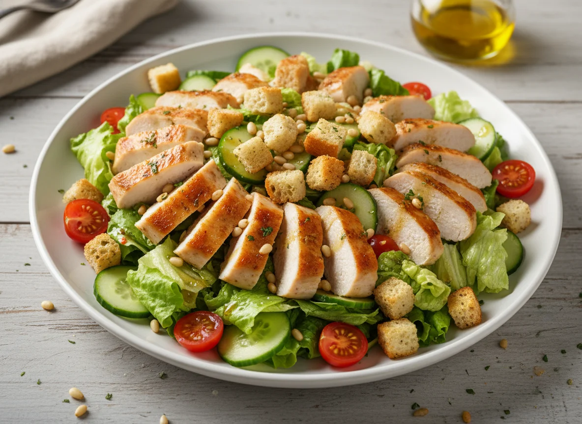 Hähnchensalat mit Croutons und Pinienkernen photo
