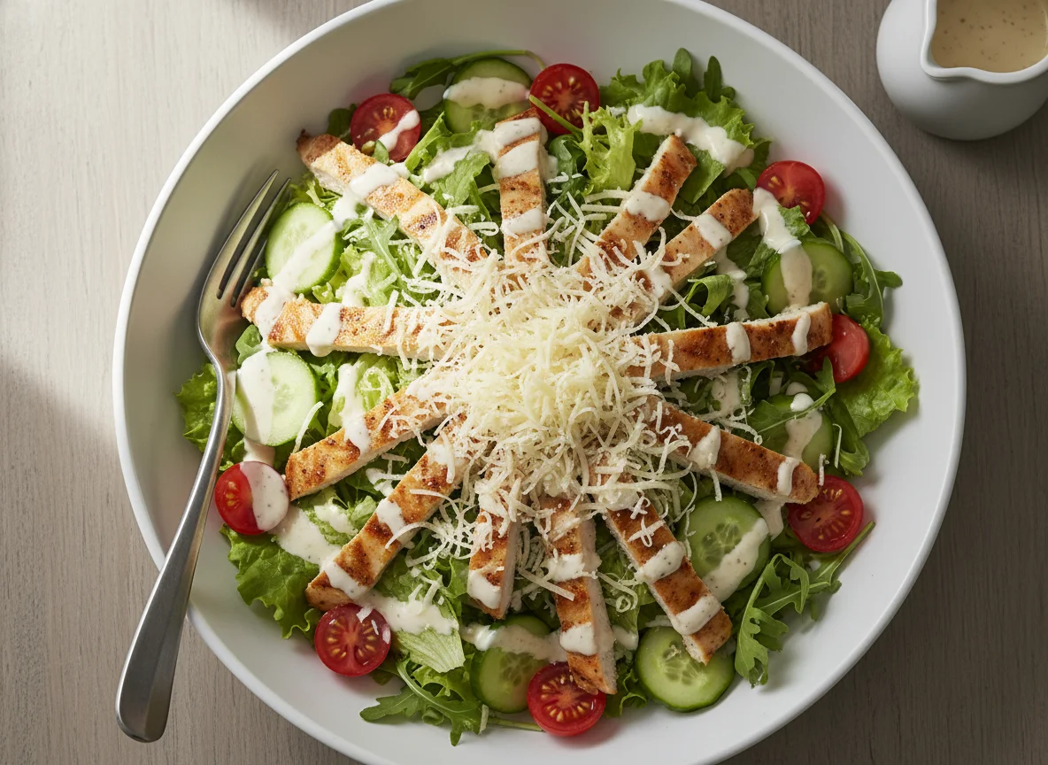 Hähnchensalat mit Dressing und Käse photo