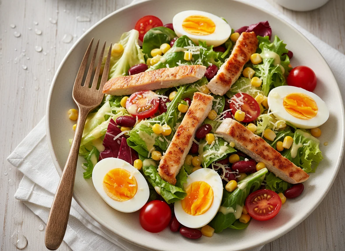 Hähnchensalat mit Ei und Bohnen photo