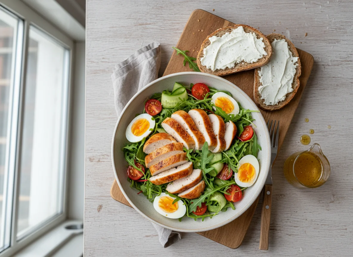 Hähnchensalat mit Ei und Brot photo