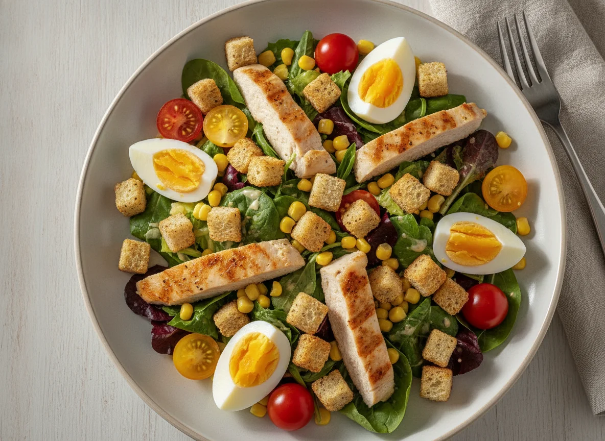 Hähnchensalat mit Ei und Croutons photo