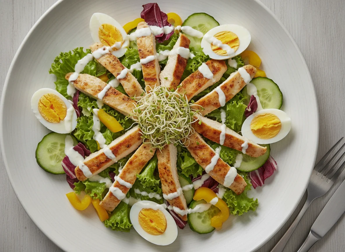 Hähnchen-Salat mit Ei und Dressing photo