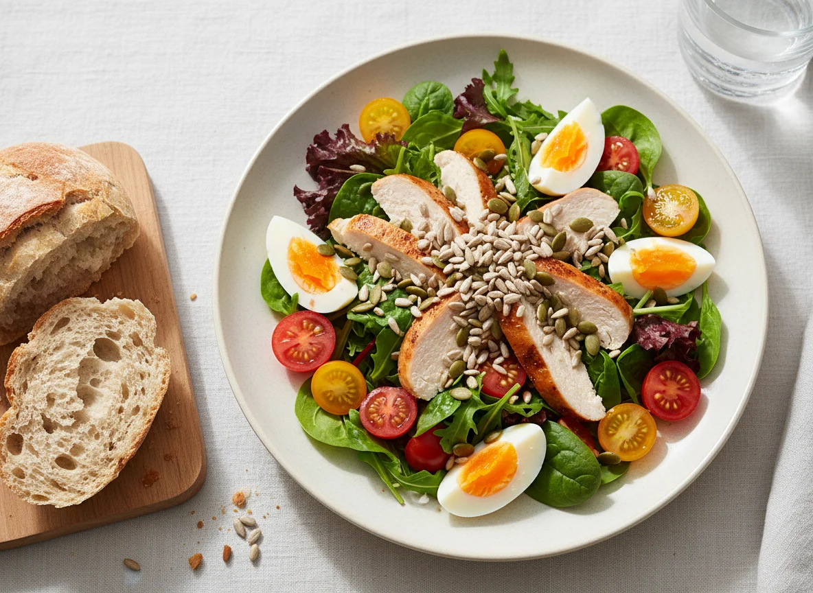 Hähnchensalat mit Ei und Kernen photo
