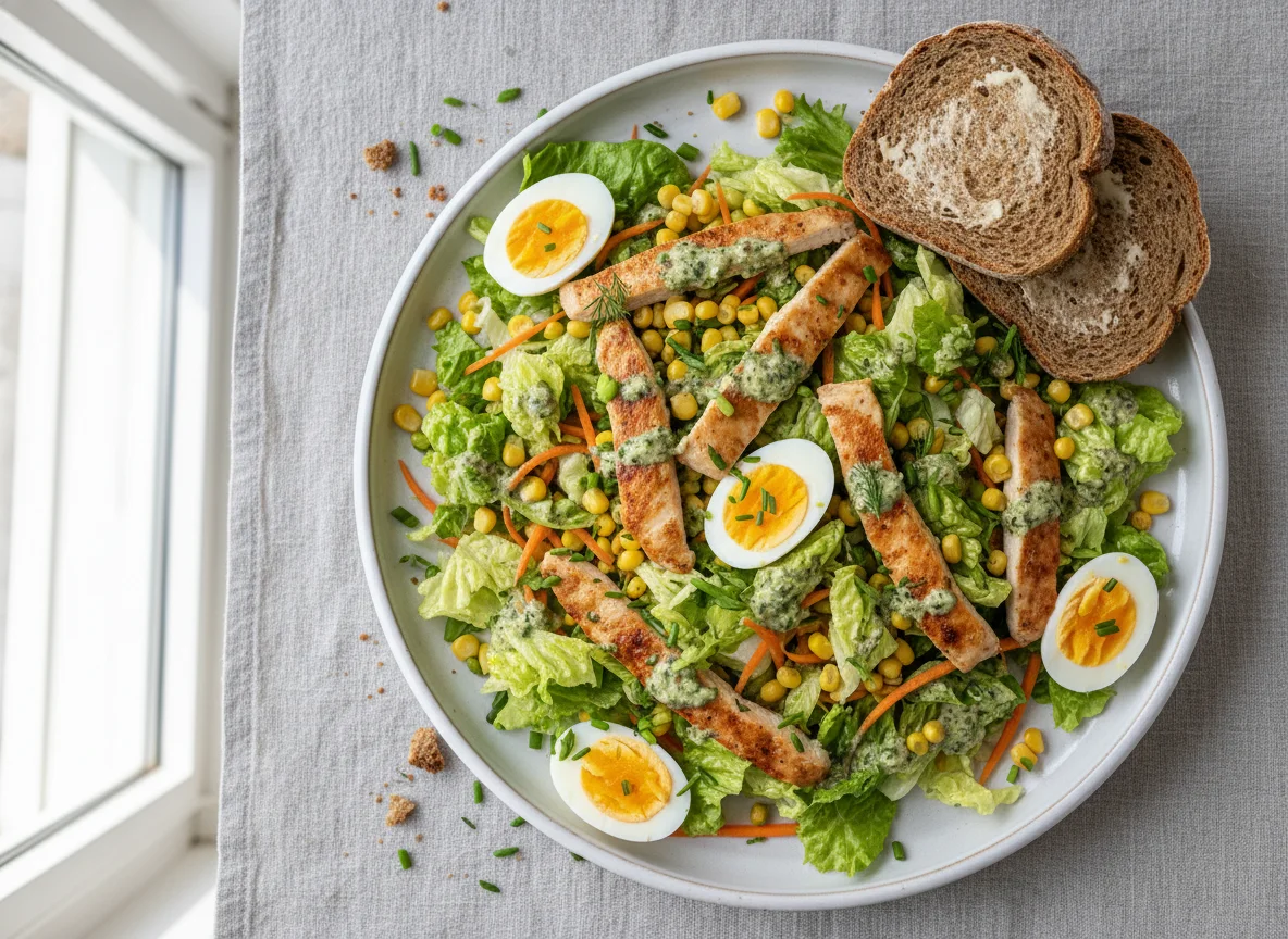 Hähnchensalat mit Ei und Mais photo
