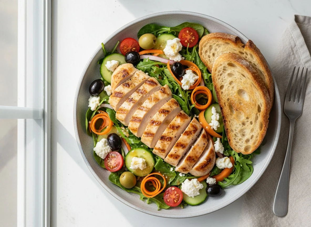 Hähnchensalat mit Feta und Brot photo