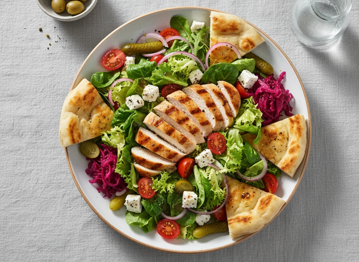 Hähnchensalat mit Fladenbrot und Beilagen photo