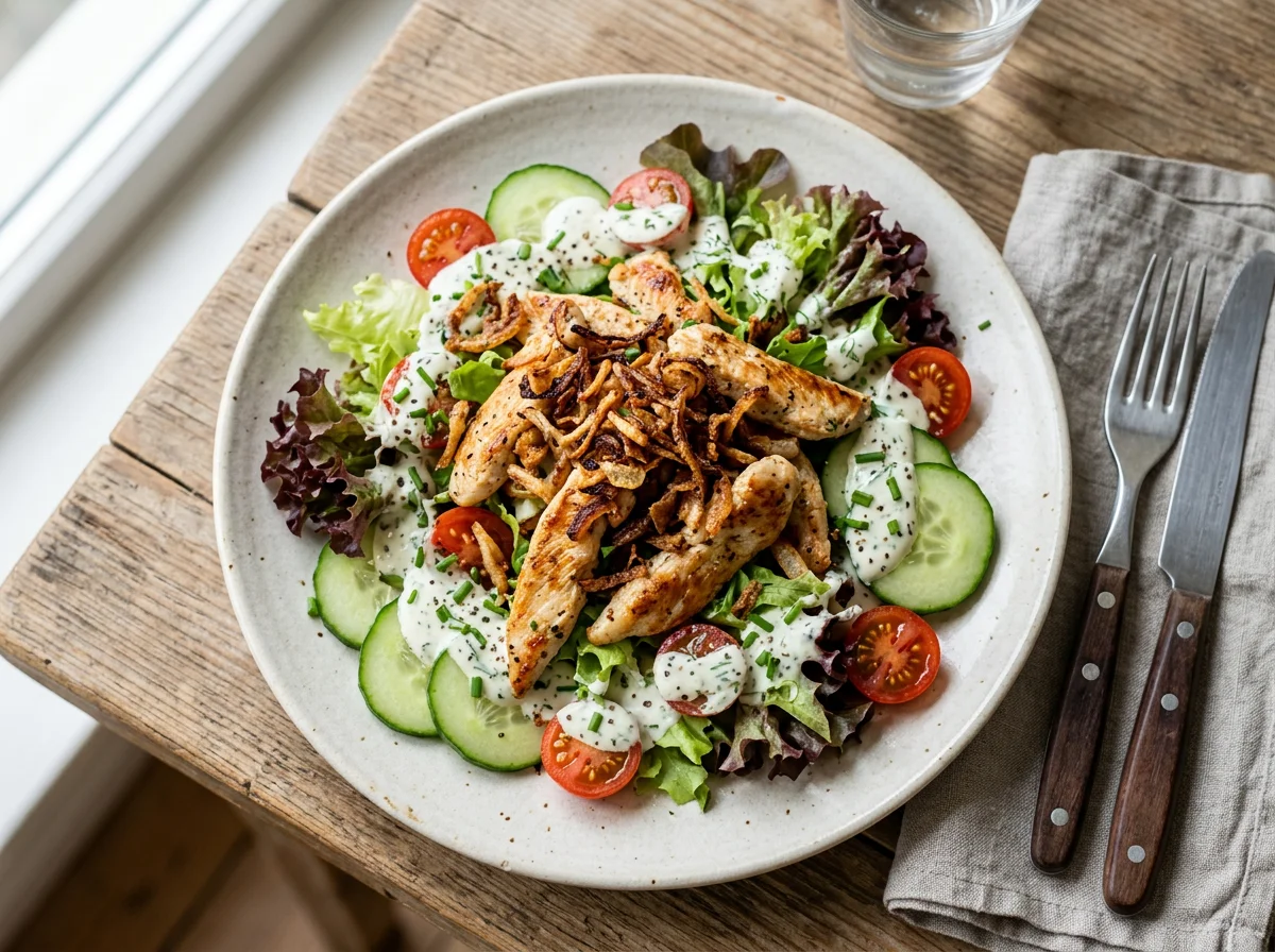 Hähnchensalat mit gebratenen Zwiebeln photo