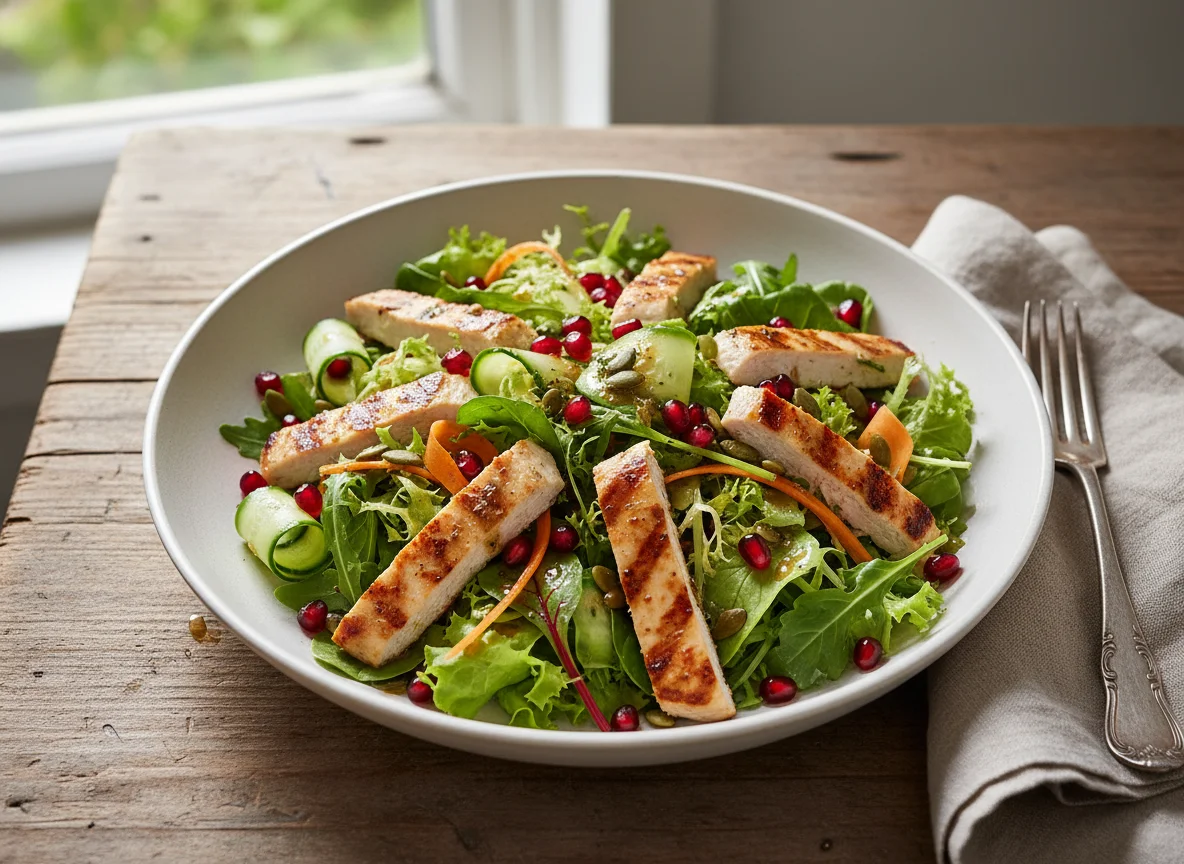 Hähnchensalat mit Granatapfel und Kürbiskernen photo