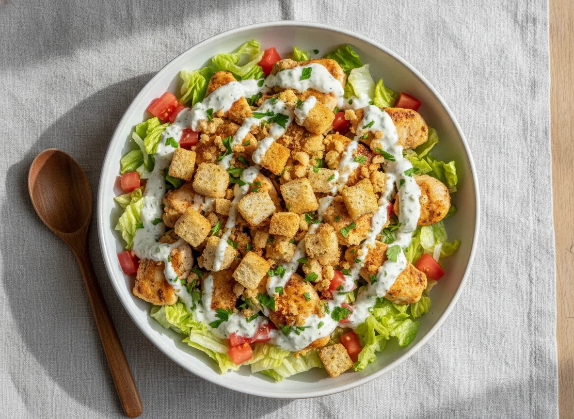 Hähnchensalat mit Joghurt-Dressing und Croutons photo