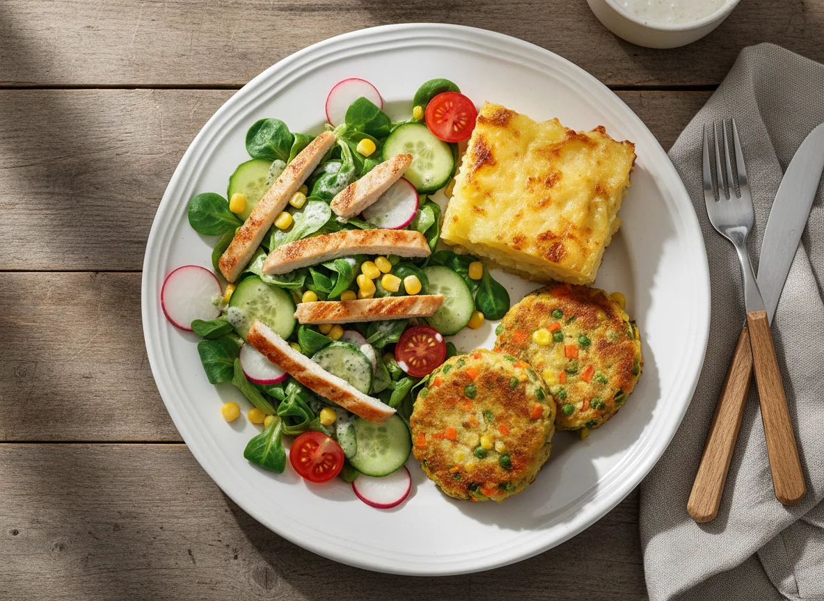 Hähnchensalat mit Kartoffelgratin und Gemüsepatties photo