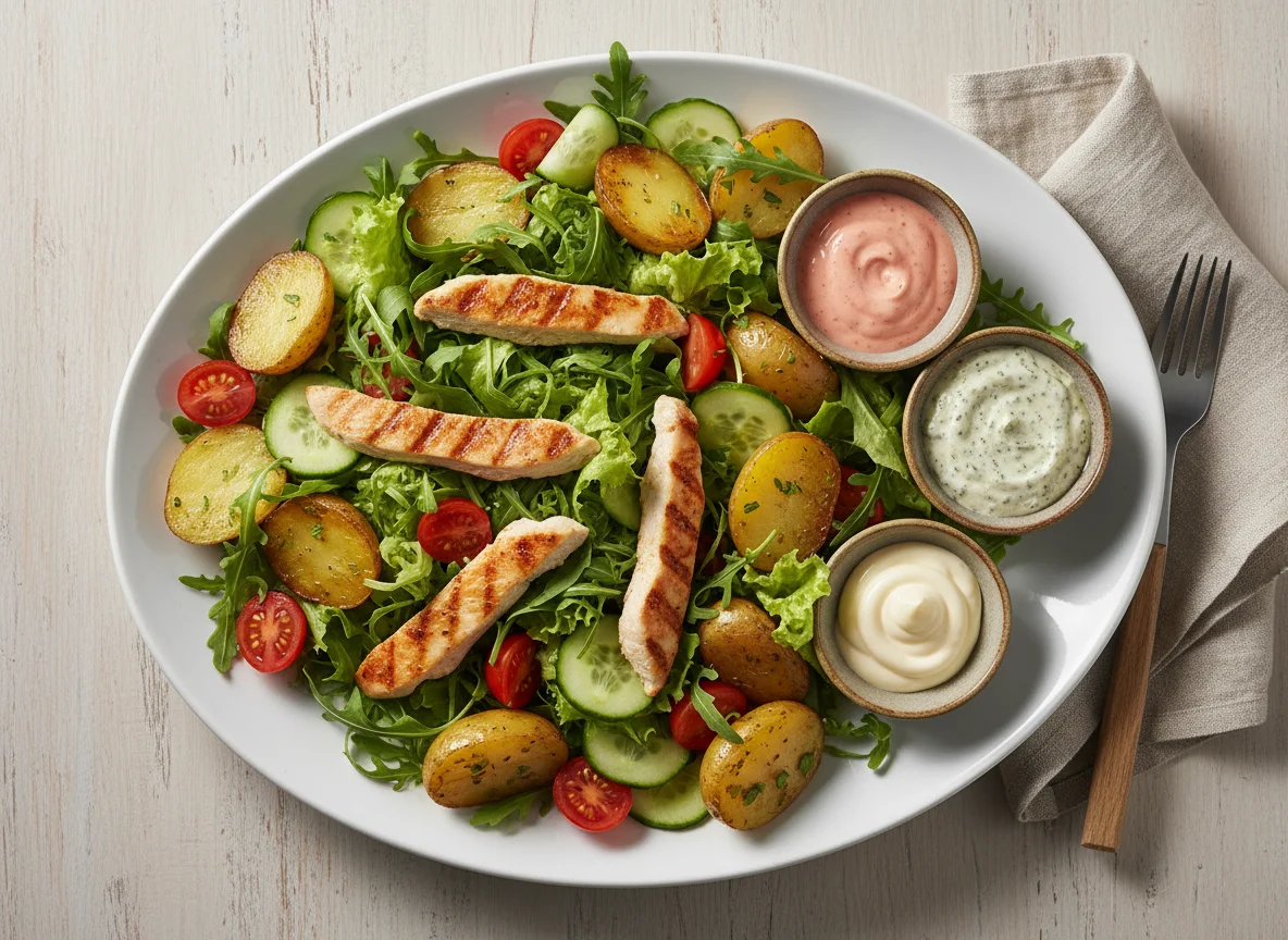 Hähnchensalat mit Kartoffeln und Saucen photo