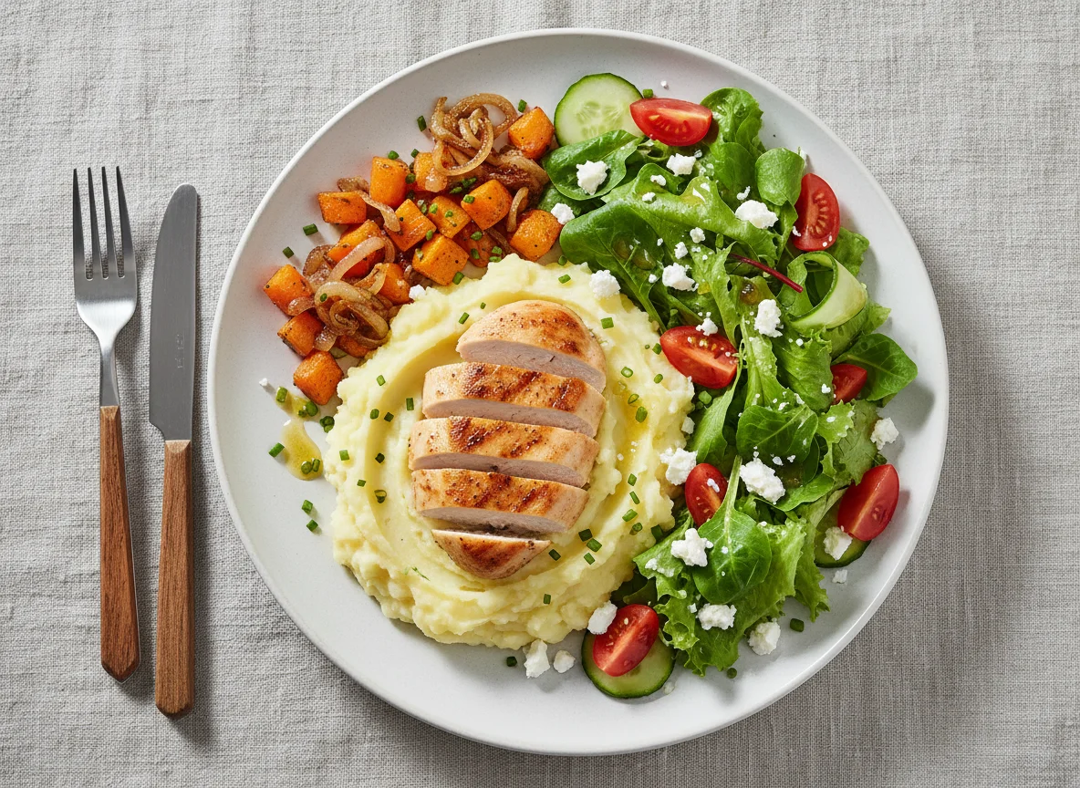 Hähnchen-Salat mit Kartoffelpüree und gebratenen Karotten photo