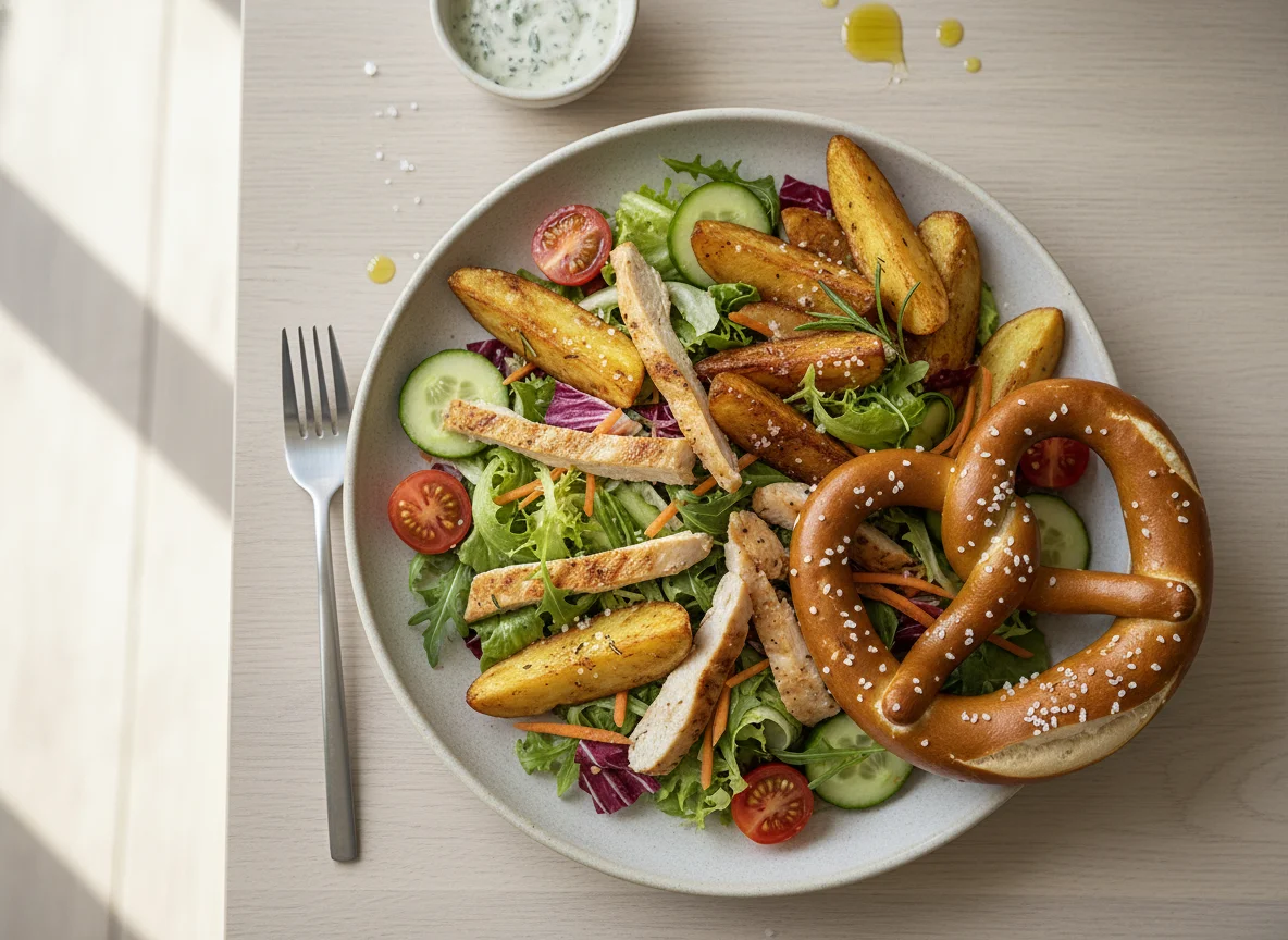 Hähnchensalat mit Kartoffelspalten und Brezel photo