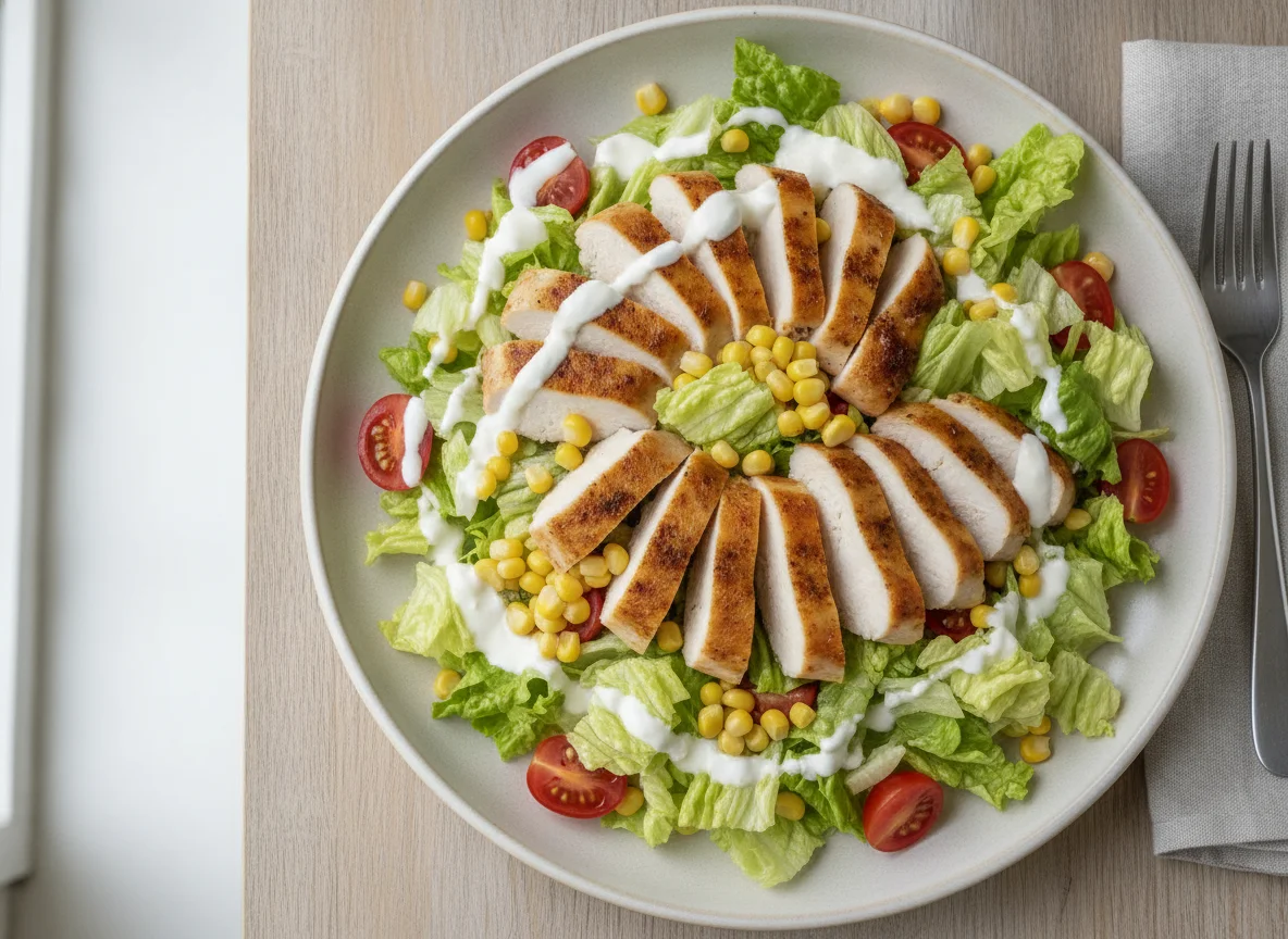 Hähnchen-Salat mit Mais und Dressing photo