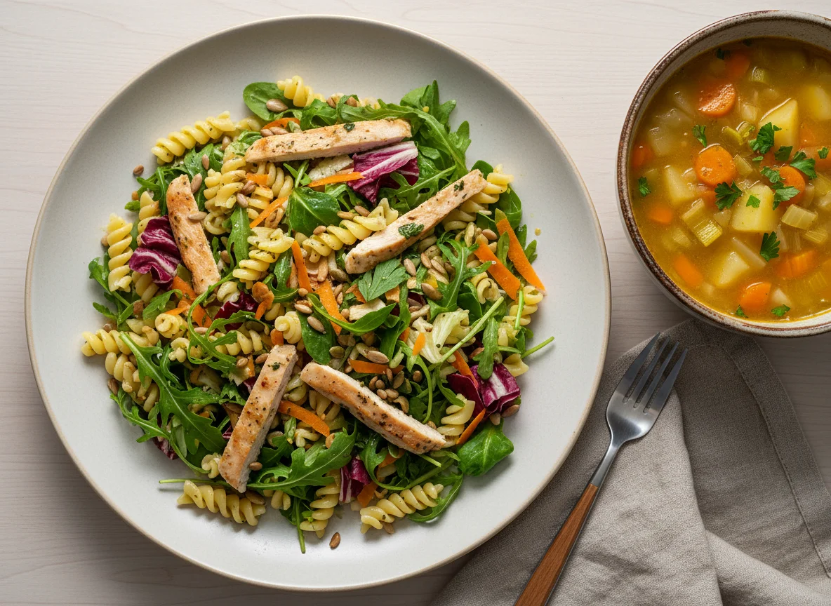 Hähnchensalat mit Nudeln und Suppe photo