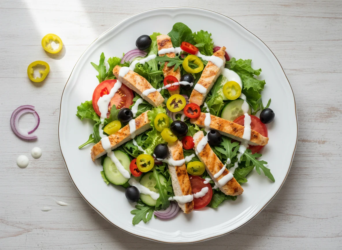 Hähnchensalat mit Peperoni und Oliven photo