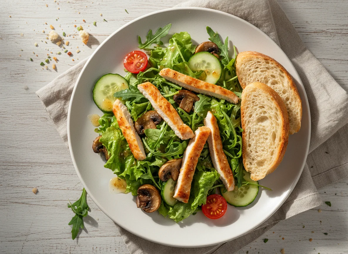 Hähnchensalat mit Pilzen und Brot photo