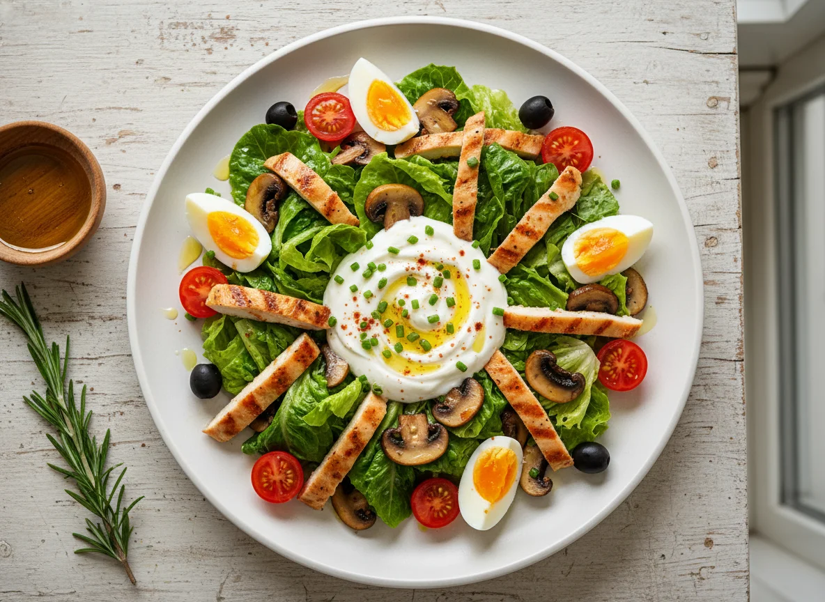 Hähnchensalat mit Pilzen und Joghurt-Dip photo