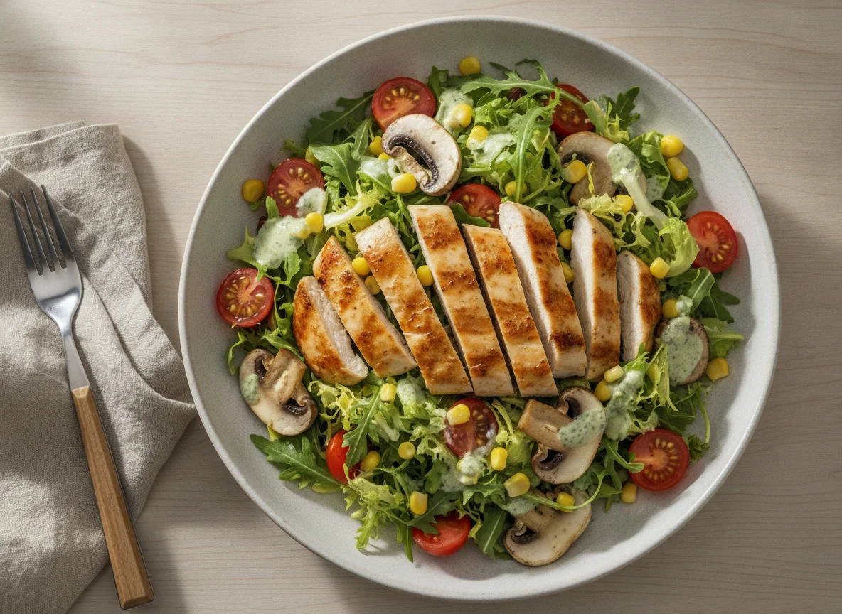 Hähnchensalat mit Pilzen und Mais photo