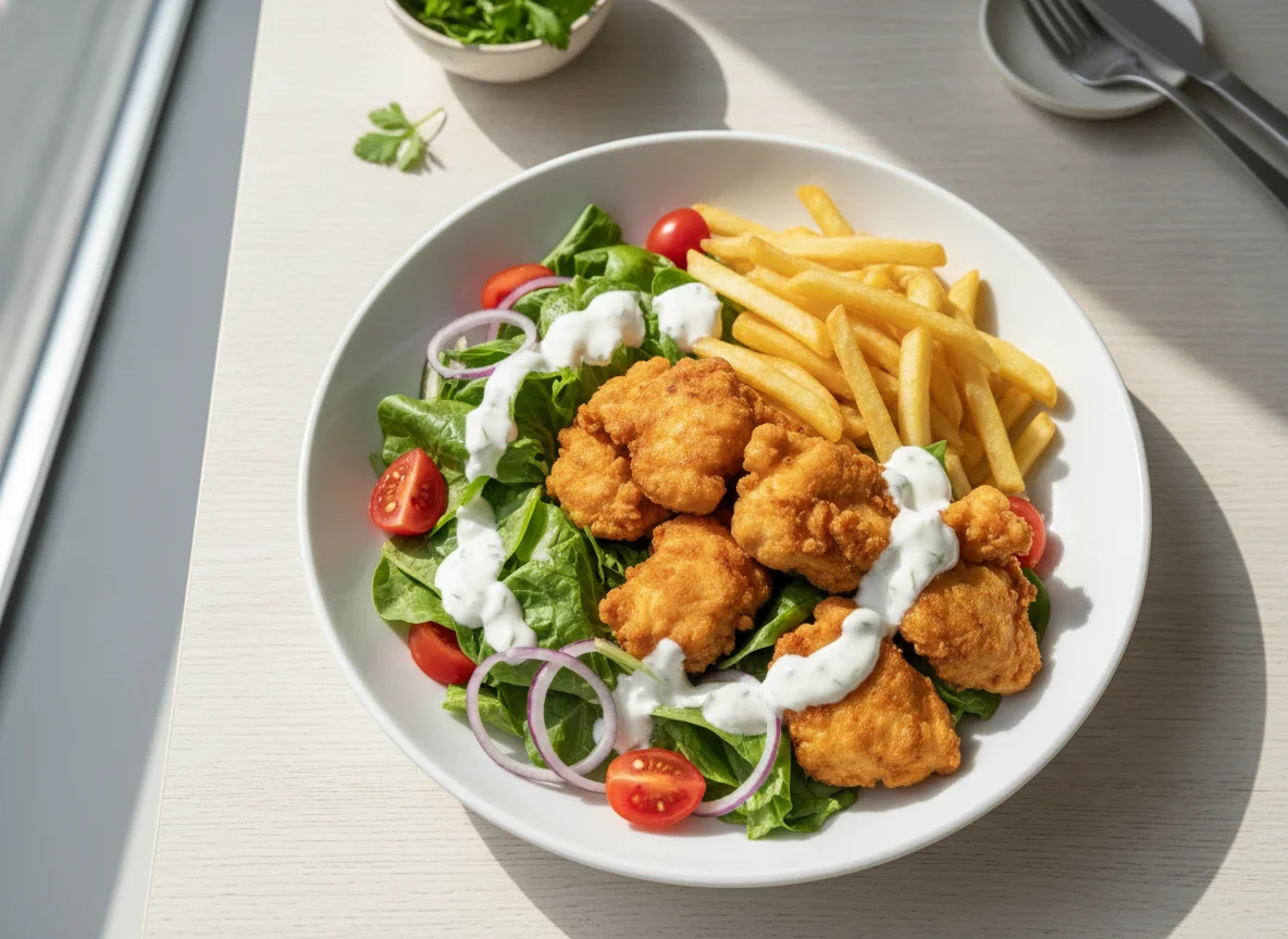 Hähnchensalat mit Pommes und Soße photo