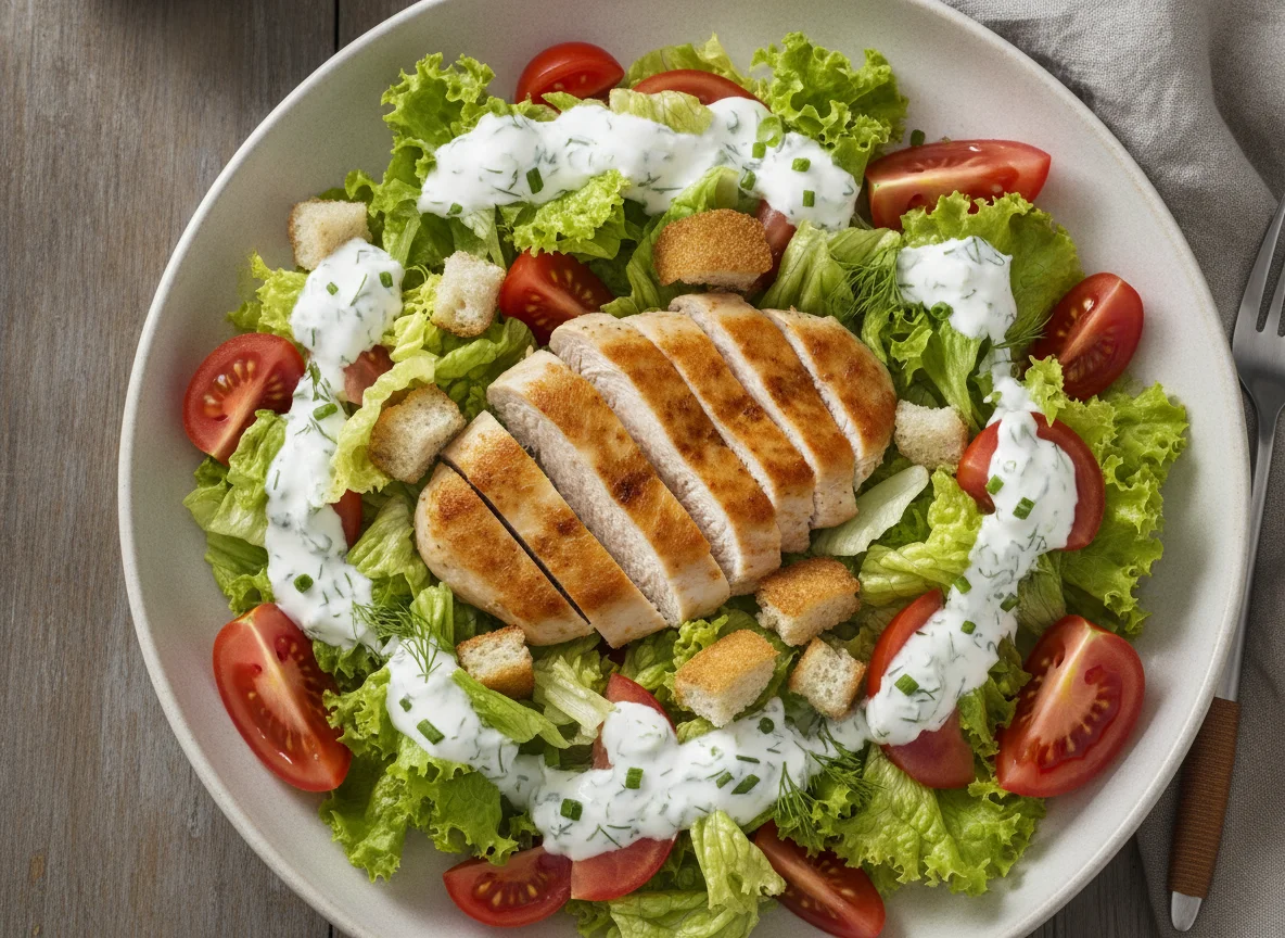 Hähnchen-Salat mit Tomaten und Dressing photo