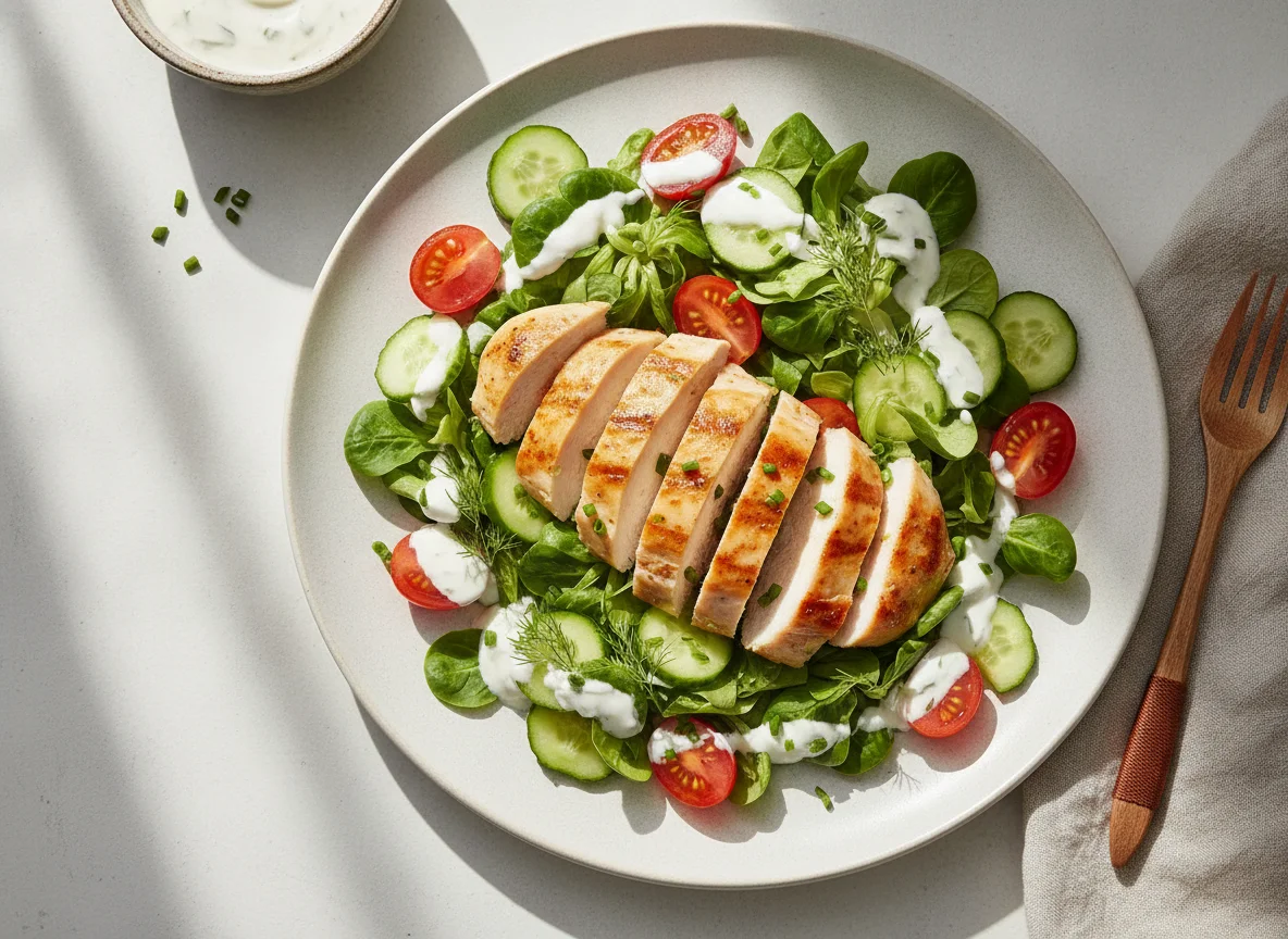 Hähnchen-Salat mit Tomaten und Gurken photo
