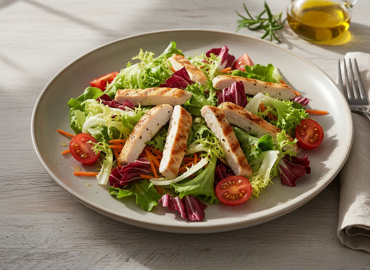 Hähnchensalat mit verschiedenen Blattsalaten und Gemüse photo