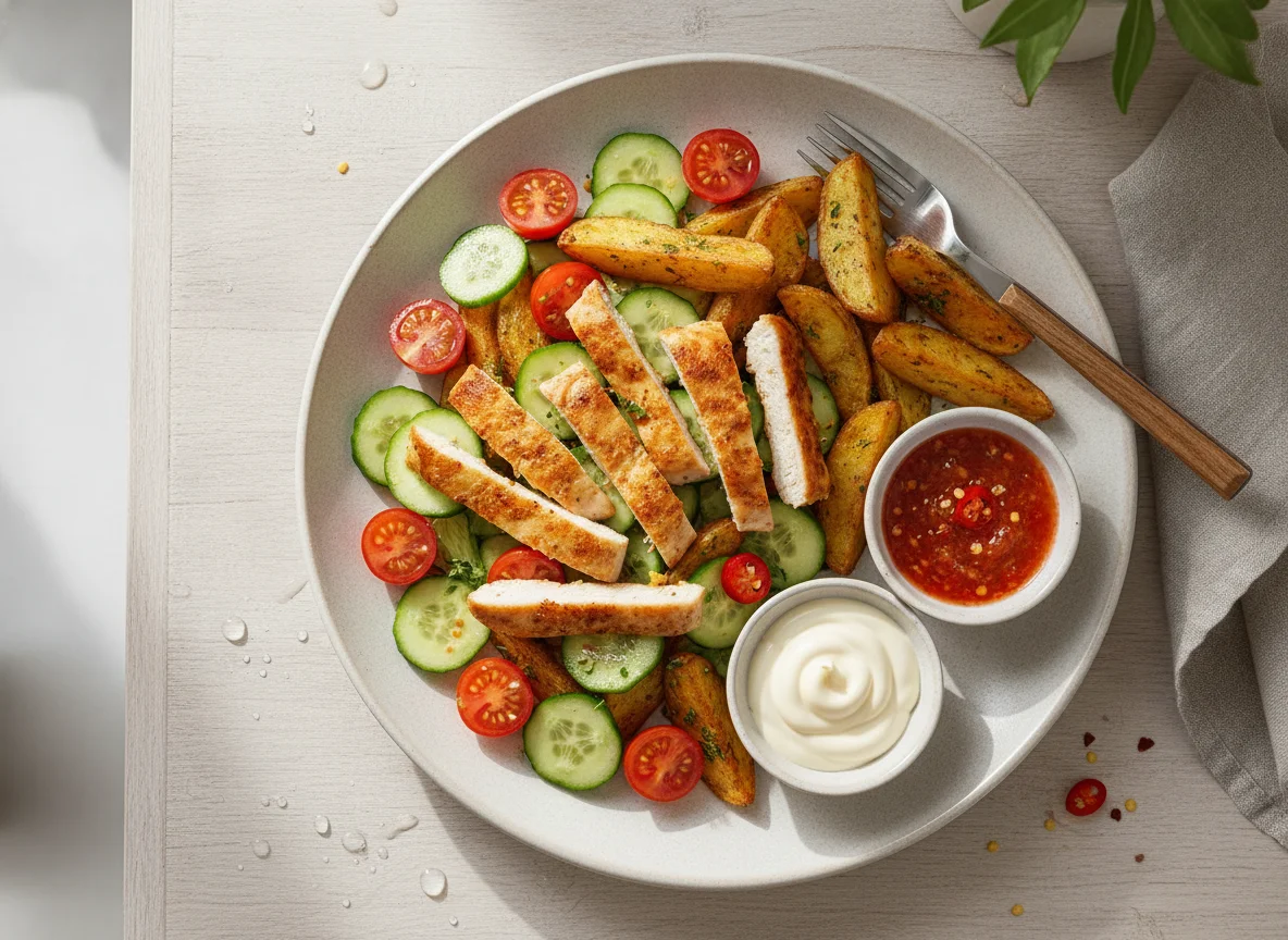 Hähnchensalat mit Wedges und Saucen photo
