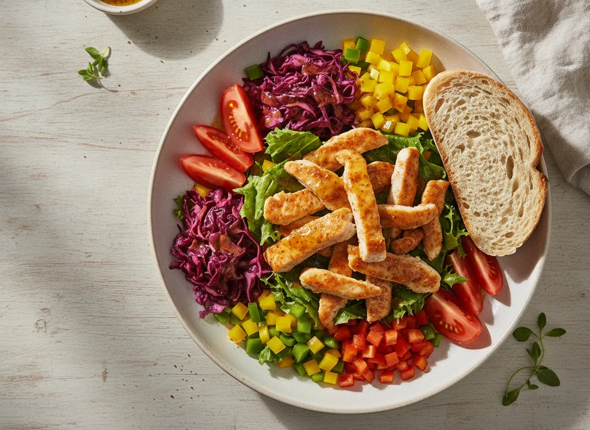 Hähnchen-Salat-Bowl mit Brot photo