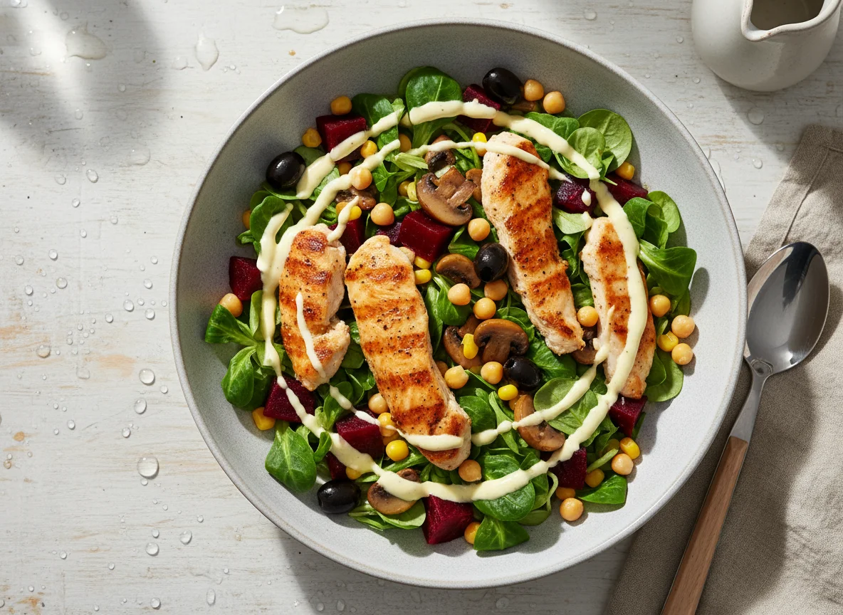 Hähnchen-Salat-Bowl mit Roter Bete und Kichererbsen photo