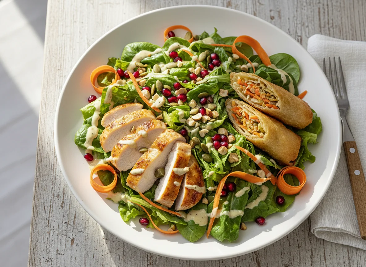 Hähnchen-Salat-Teller mit Frühlingsrolle photo