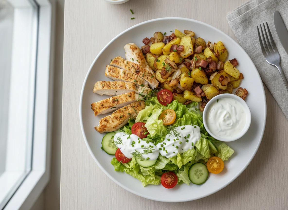 Hähnchen-Salat-Teller mit Kartoffeln photo