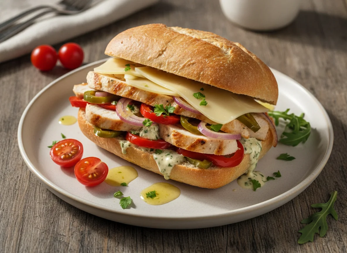 Hähnchen-Sandwich mit Paprika und Zwiebeln photo