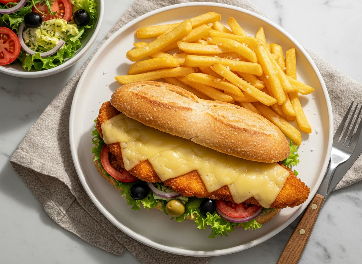Hähnchen-Sandwich mit Pommes und Salat photo
