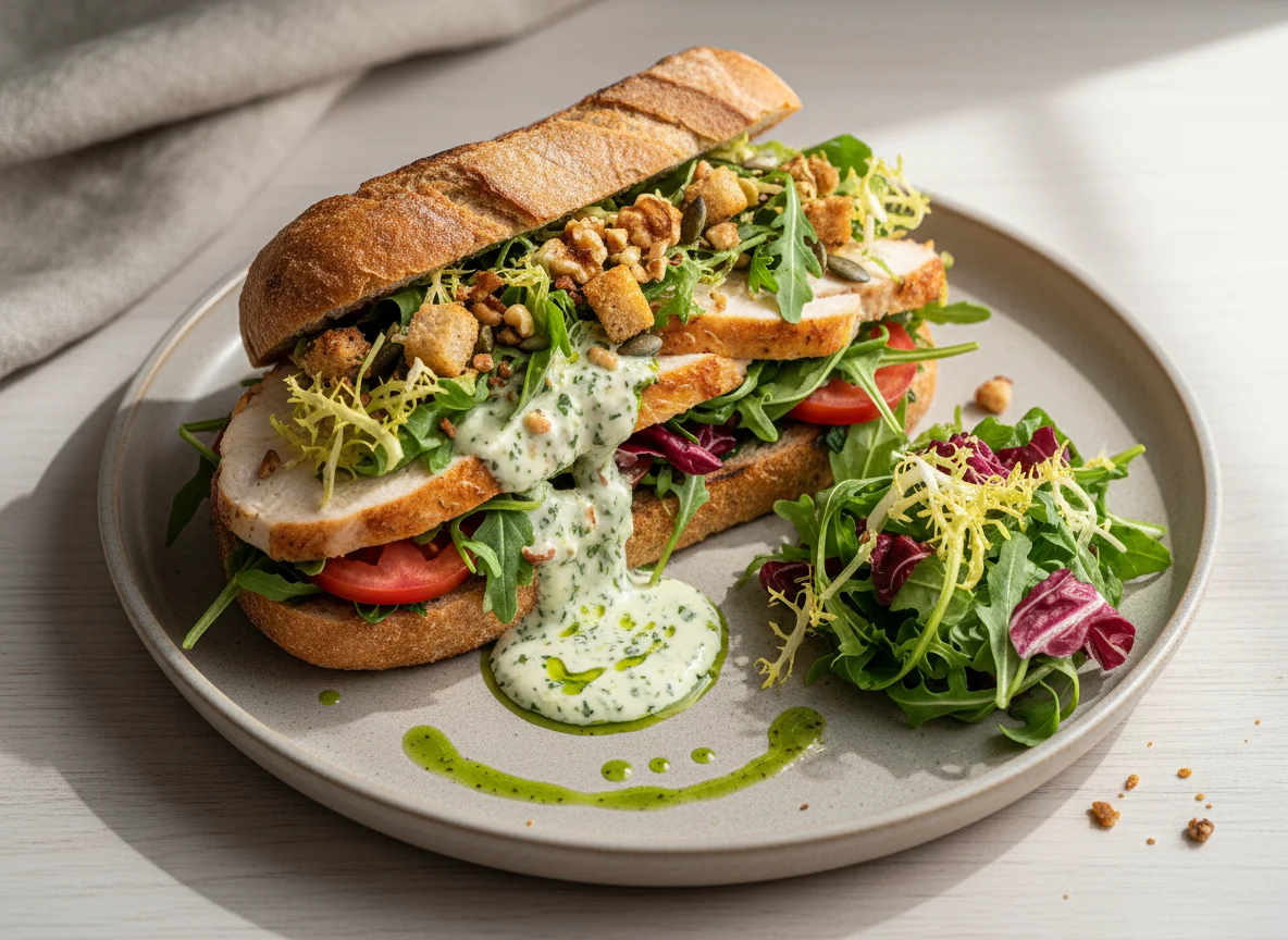 Hähnchen-Sandwich mit Salat und Dressing photo