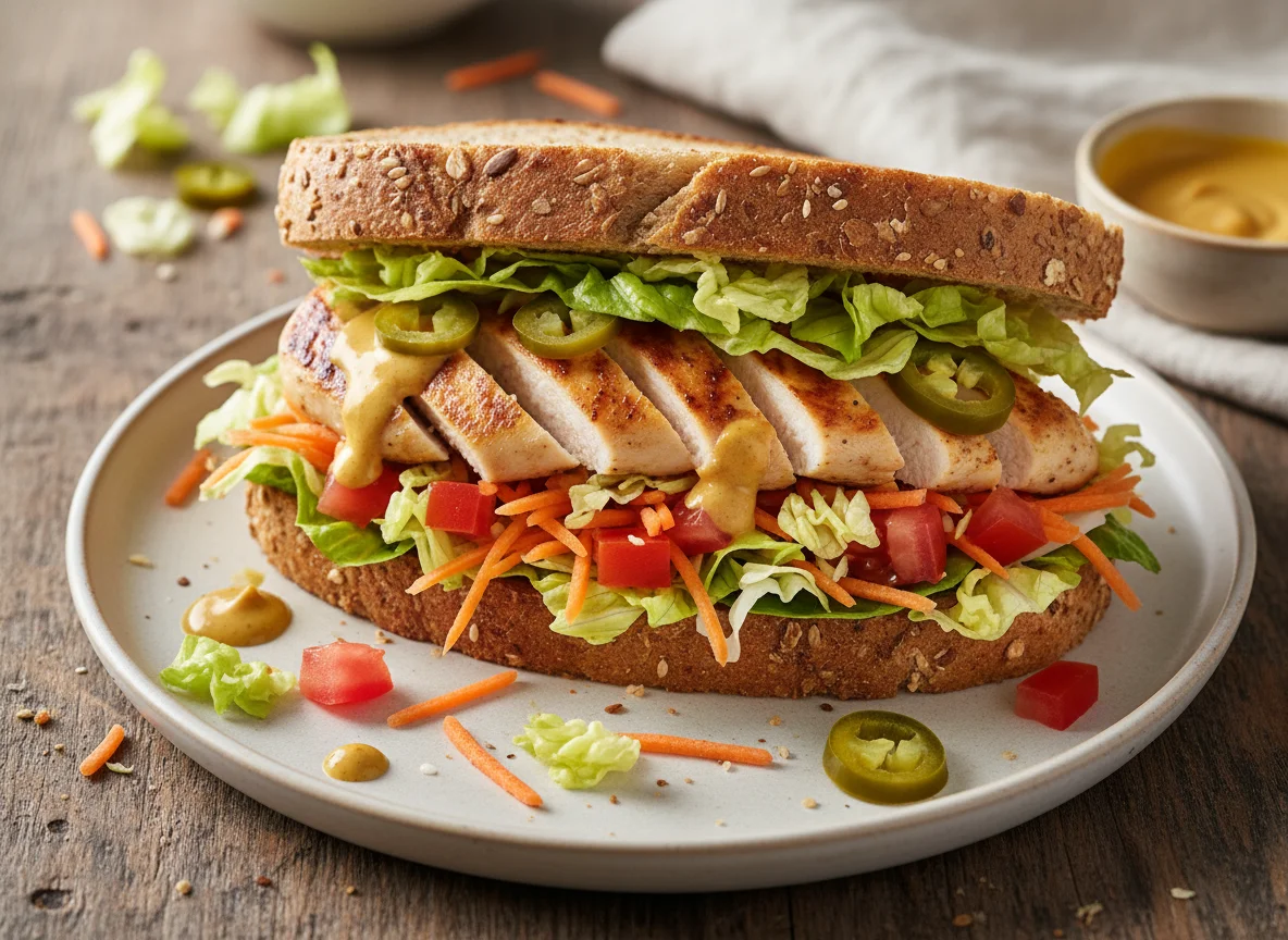 Hähnchen-Sandwich mit Salat und Gemüse photo