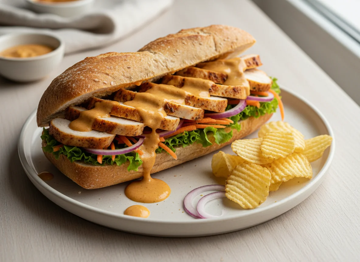 Hähnchen-Sandwich mit Soße und Salat photo