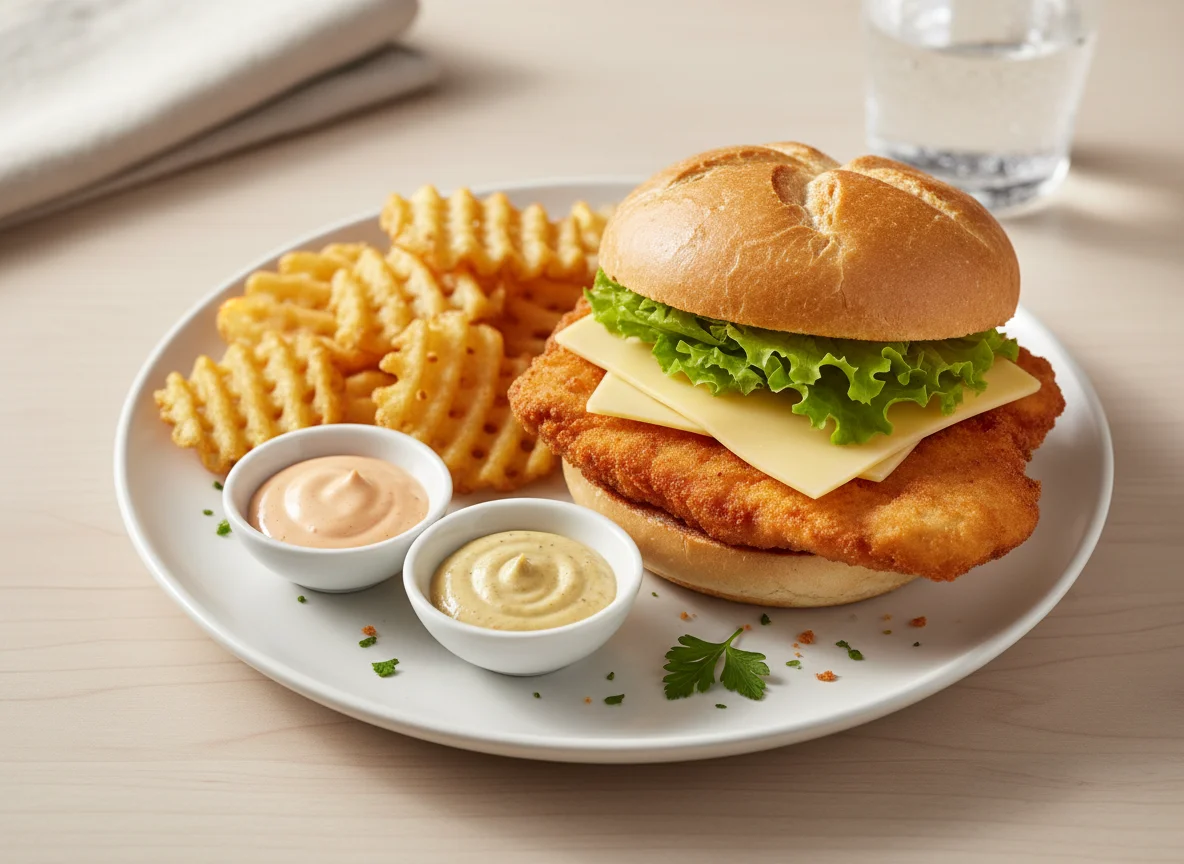 Hähnchensandwich-Menü mit Waffelpommes und Saucen photo