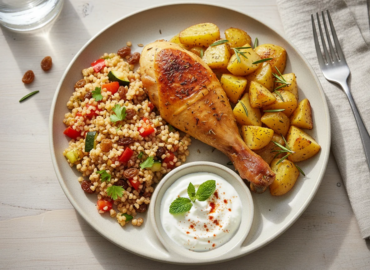 Hähnchenschenkel mit Bulgur, Kartoffeln und Joghurt photo
