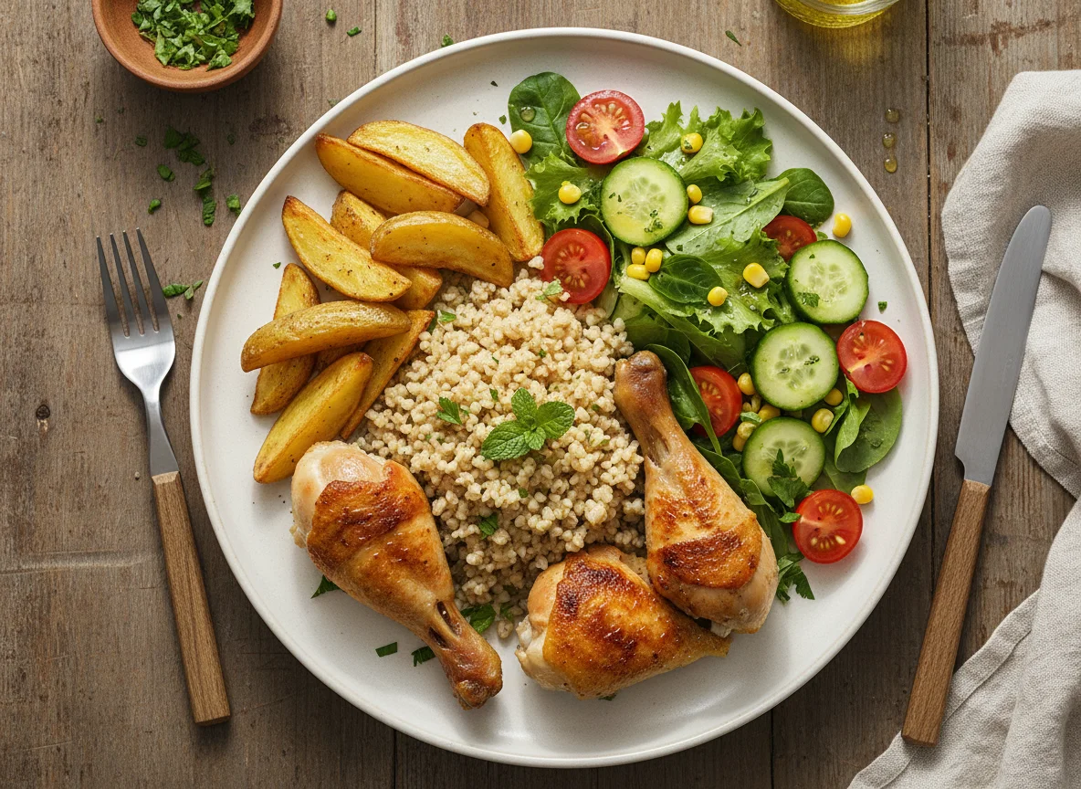 Hähnchenschenkel mit Bulgur, Kartoffelspalten und Salat photo