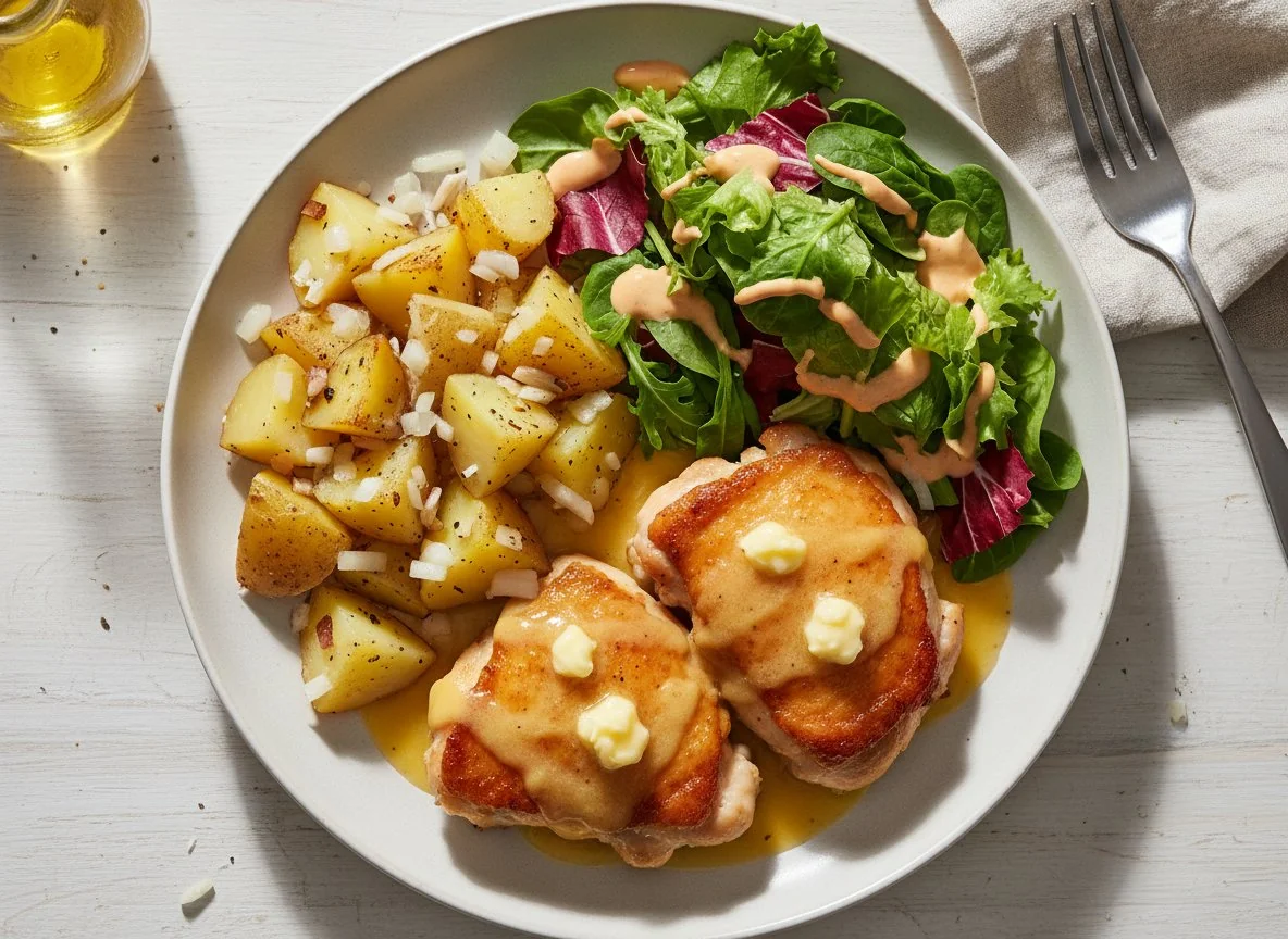 Hähnchenschenkel mit Kartoffeln und Salat photo