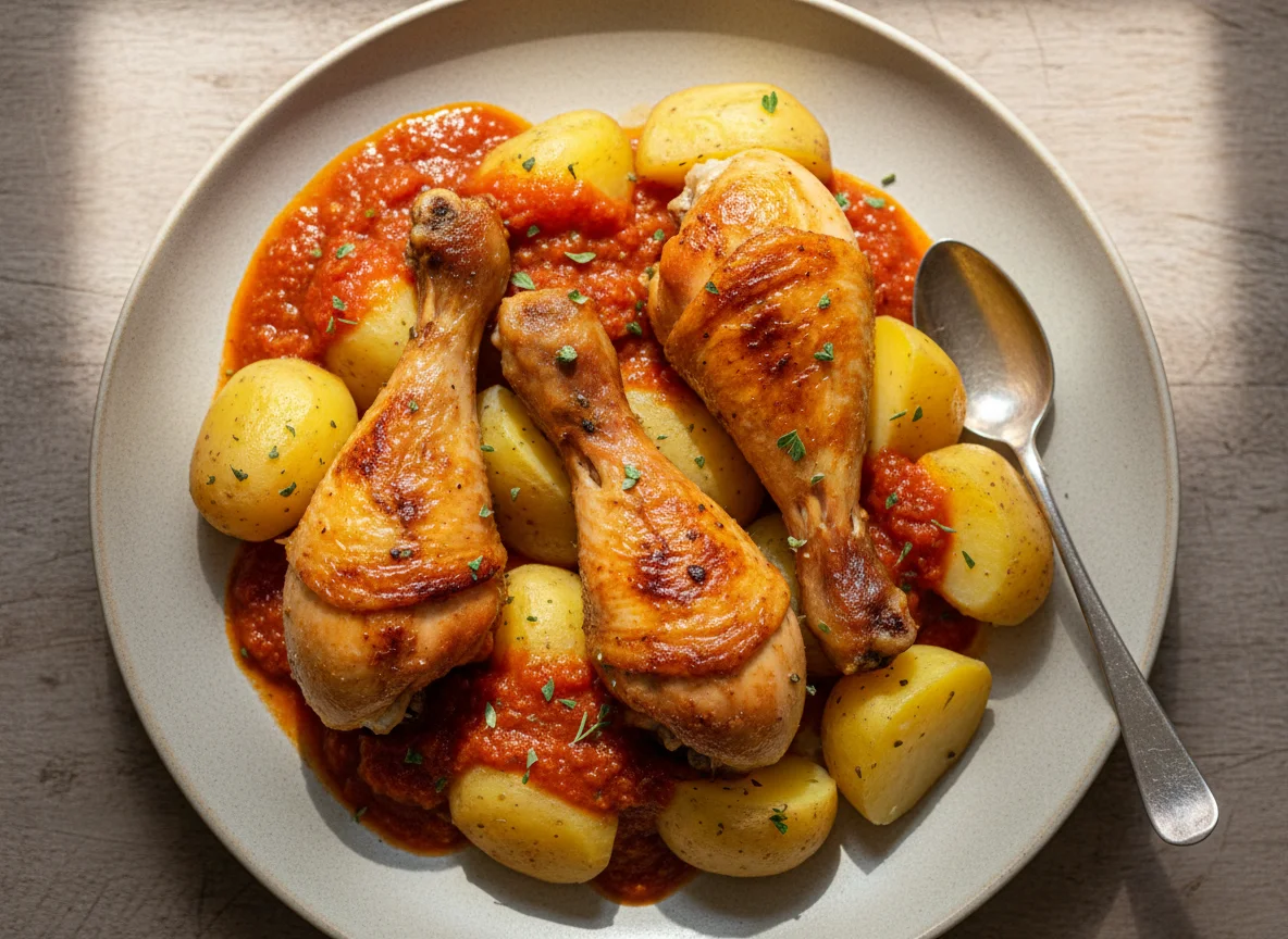 Hähnchenschenkel mit Kartoffeln und Sauce photo