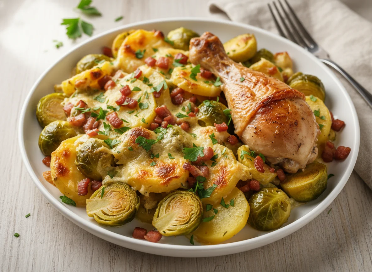 Hähnchenschenkel mit Kartoffel-Rosenkohl-Gratin photo