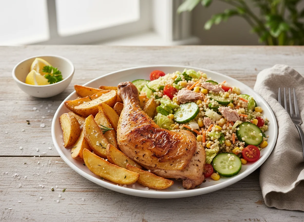 Hähnchenschenkel mit Kartoffelspalten und Couscous-Salat photo