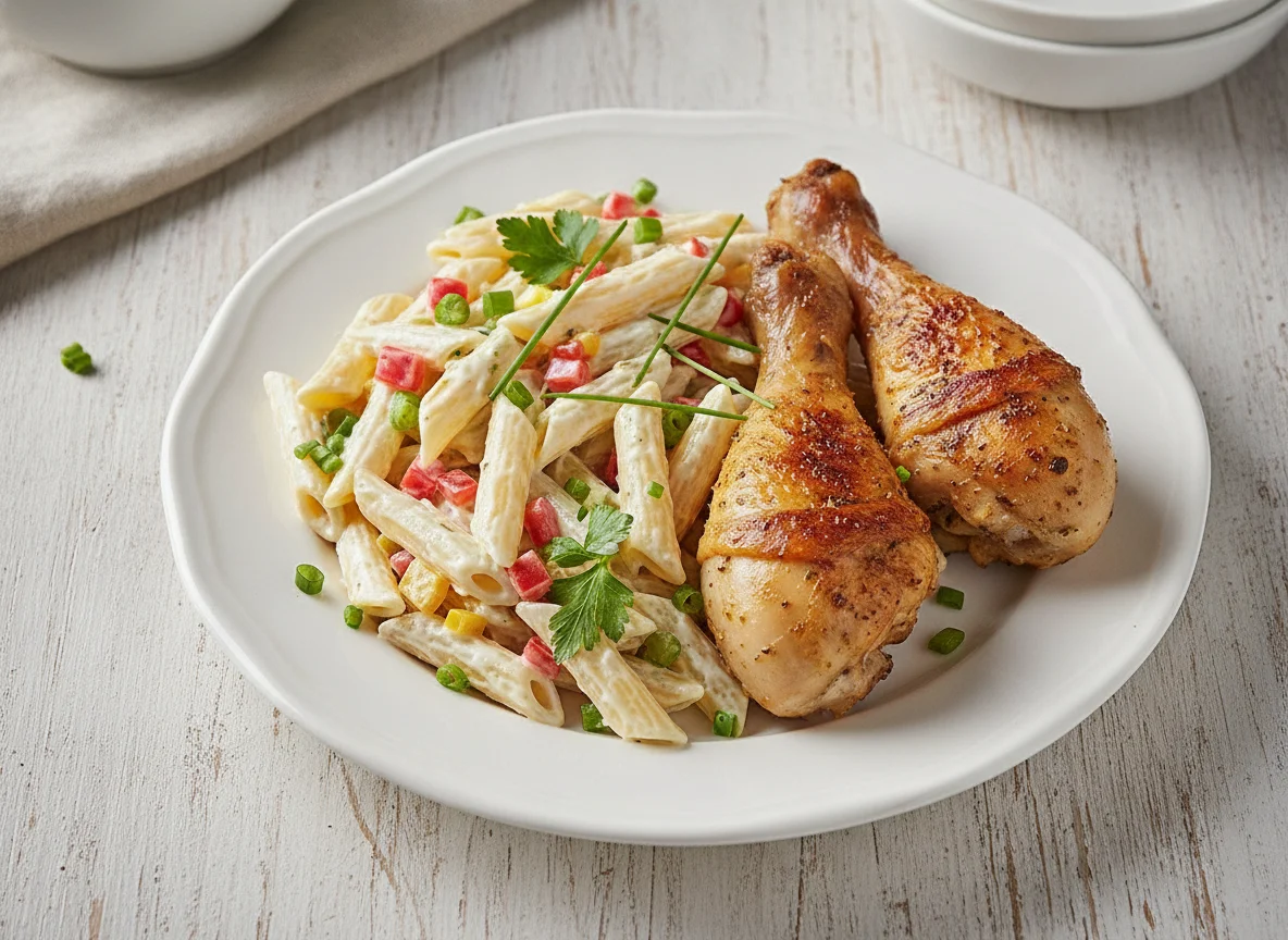 Hähnchenschenkel mit Nudelsalat photo